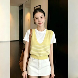假两件针织衫女短袖2026夏季宽松条纹薄款显瘦上衣T恤打底衫黄色