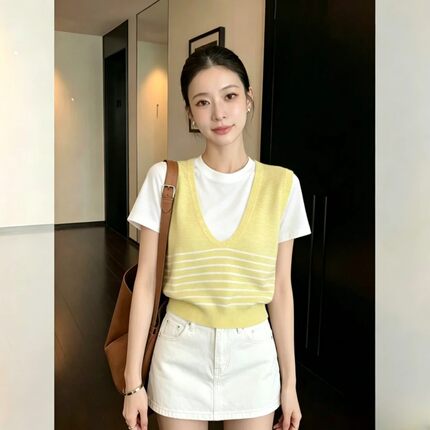 假两件针织衫女短袖2026夏季宽松条纹薄款显瘦上衣T恤打底衫黄色
