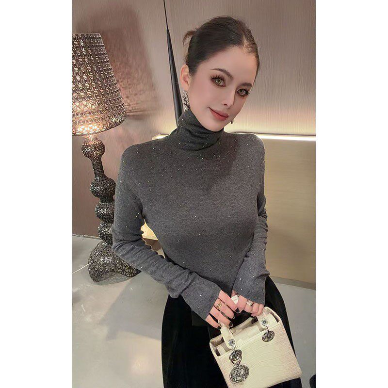 亮晶晶纯色内搭毛衣女针织上衣百搭高领满天星烫钻长袖针织K1-66
