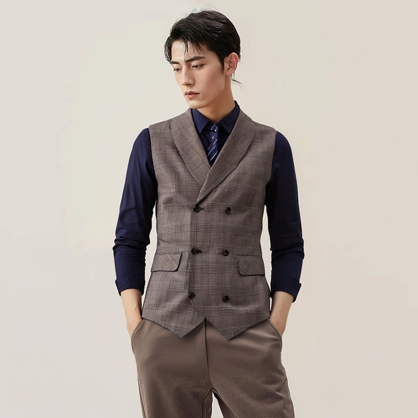美式复古青果领双排扣格子马甲男款英伦西装马夹休闲大码背心坎肩