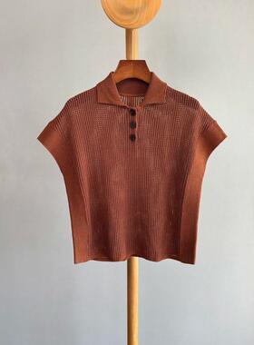 2026年夏季新款老钱风Polo领镂空针织衫女短袖棕色纽扣休闲上衣