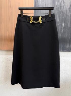 2026年夏季新款黑色高腰金扣A字半身裙女通勤暗黑风复古中长裙