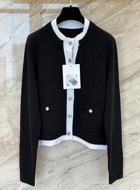 2026年夏季新款撞色圆领针织开衫女黑色金属扣修身显瘦毛衣上衣