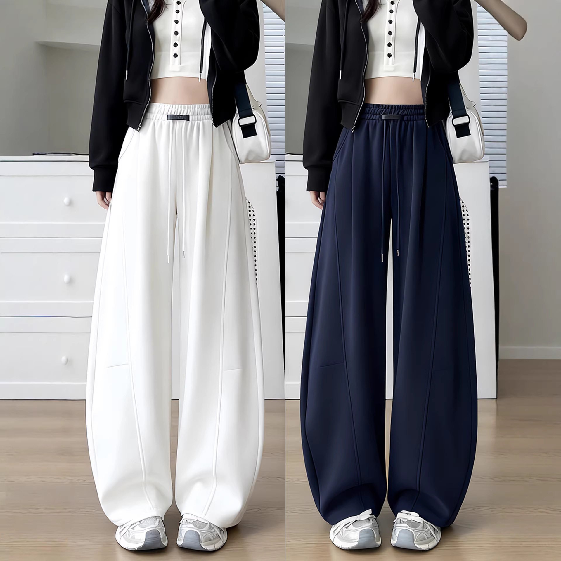 小个子免改裤长藏青色弯刀休闲裤女秋冬季高腰松弛感大码胖mm宽松,女装/女士精品,休闲裤,淘宝优惠券,粉丝福利购,淘宝优惠卷