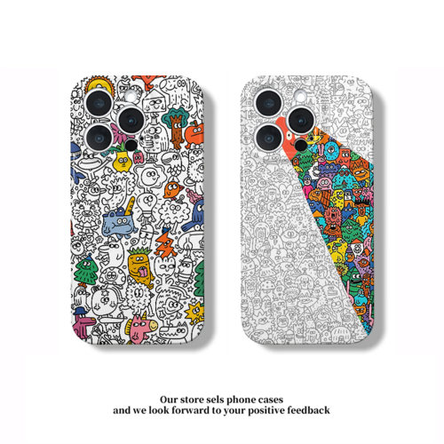 满屏线描卡通适用苹果17pro手机壳iPhone18promax小米15华为mate90p80K70reno16note14荣耀500x200magic7加13