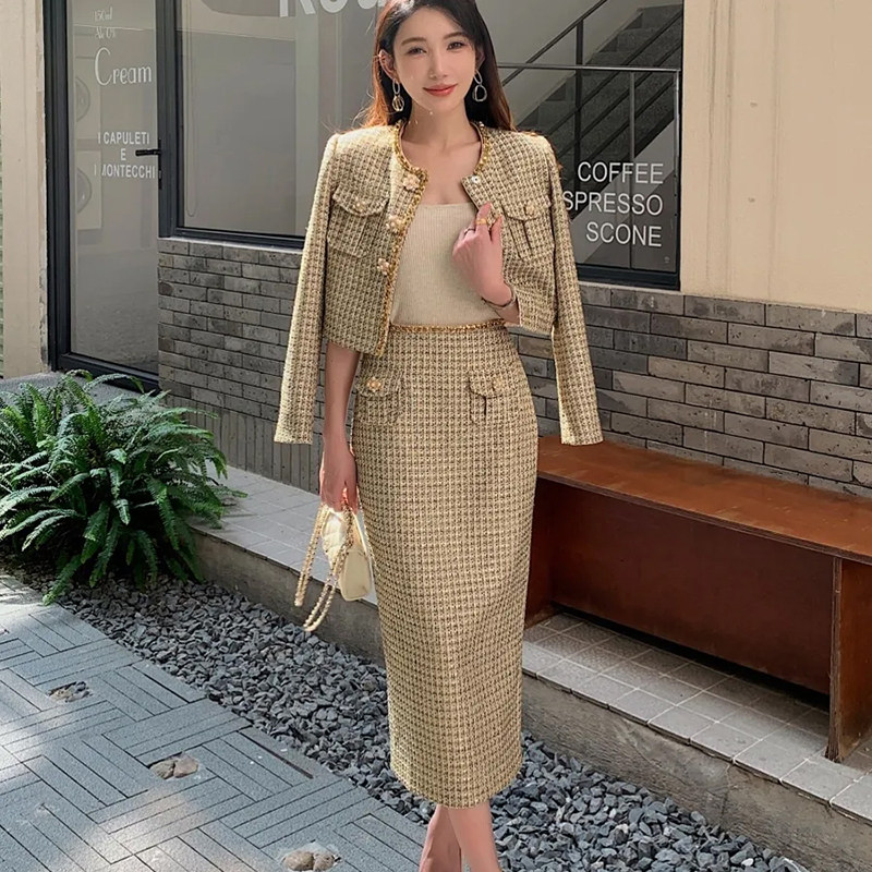 麦果时尚高定款小众金色名媛宴会小香风外套半身裙套装女