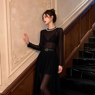 麦果时尚 高定轻奢性感接蕾丝圆领气质优雅高腰连衣裙女精致