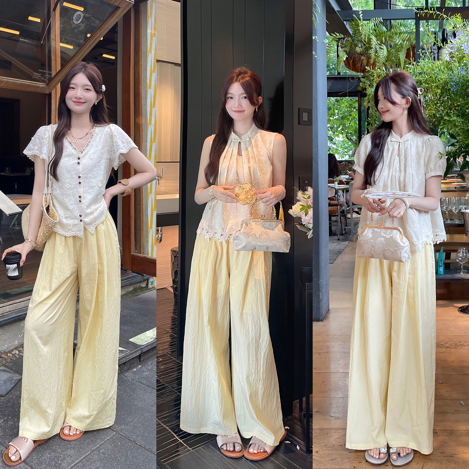 TAKIYAS SHOP 蕾丝上衣/黄色休闲裤图片