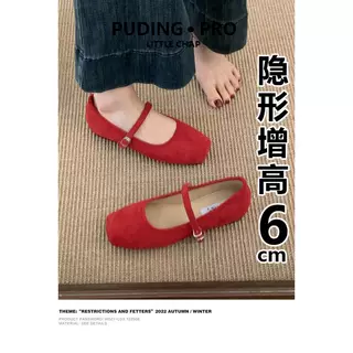 牛皮版~6cm内增高红色复古玛丽珍单鞋女2025新款夏季小个子奶奶鞋