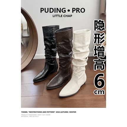 牛皮版~内增高长筒靴堆堆靴女2024新款秋季复古小个子西部靴长靴