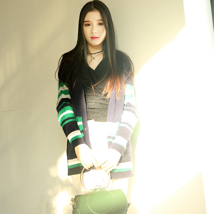 蓝绿条纹山羊绒针织衫开衫外套女上衣毛衣羊绒H36A21