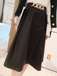 欧洲站新款 半身裙女黑半裙H3831 欧货链条高腰a字大摆显瘦中长款