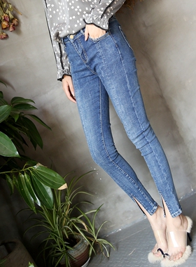 chic秋季女九分牛仔裤高腰修身显瘦弹力开叉小脚裤黑H12A36