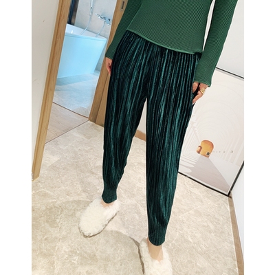 高腰金丝绒垂感褶皱小脚灯笼裤