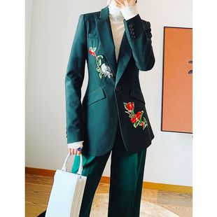 上衣S47Z14 黑外套职业装 显瘦纸片人刺绣羊毛女修身 一粒扣西装