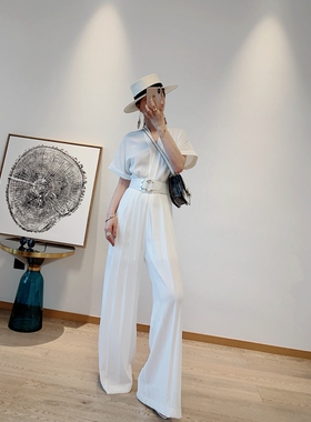 BI入 显瘦V领气质高腰休闲阔腿百褶女连衣裙裤直筒连体裤S15Z42