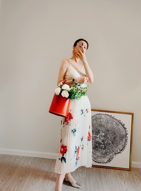 撞色红花朵印花雪纺白色百褶裙中长款半裙女A字裙子S02Z51