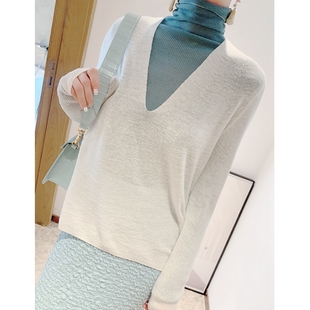 穿出单薄感 7色扬子纱V领宽松鱼鳞针打底针织衫女薄毛衣上衣H3715