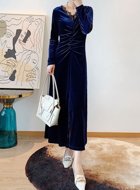 新款修身百搭时尚不规则v领 蕾丝中长款丝绒连衣裙女S36Z53