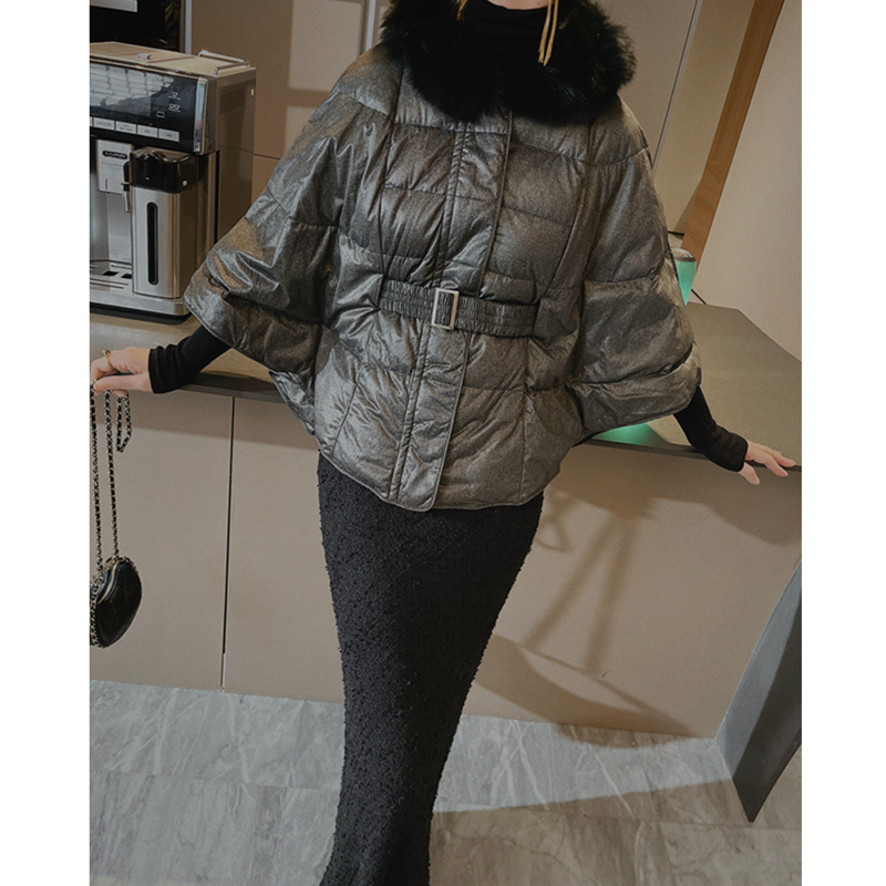 兔毛领小众设计时装感鸭绒短外套宽松斗篷流行连帽女羽绒服C03481