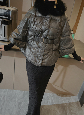 兔毛领小众设计时装感鸭绒短外套宽松斗篷流行连帽女羽绒服C03481