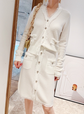 全羊毛材质升JI春新款香风针织开衫女半裙时尚气质白套装女 H3311