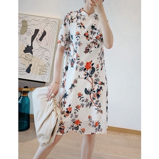 真丝印花a字改良旗袍立领流行中国风连衣裙宽松女士S26Z24