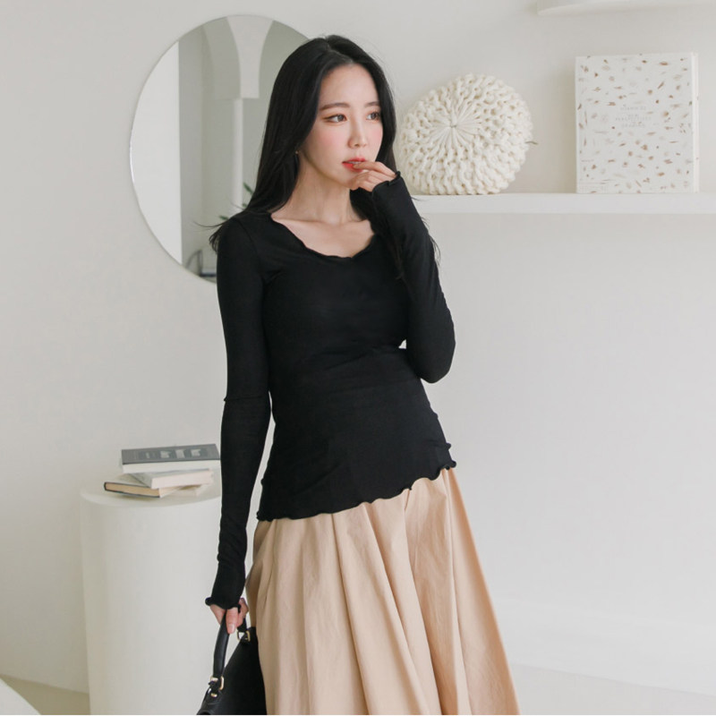 莫代尔圆领打底螺纹木耳边T恤