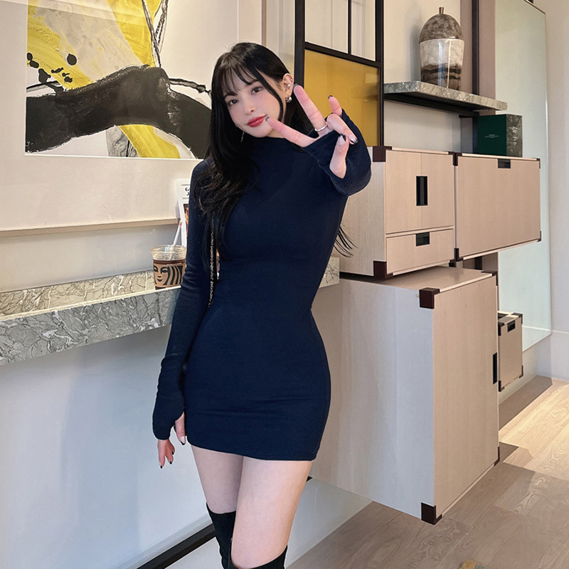 秋冬新款纯欲风韩版性感半高领内搭包臀连衣裙女高腰紧身显瘦短裙