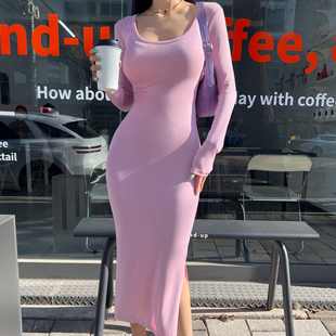 开叉打底裙春夏新款 中长款 显瘦包臀气质长袖 连衣裙性感大圆领修身