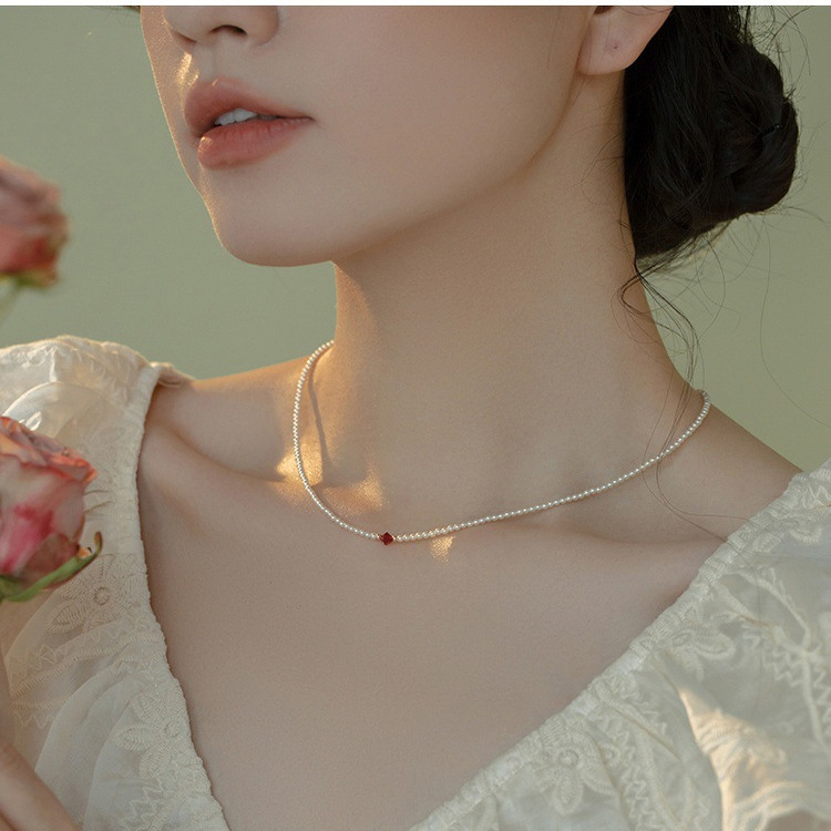 施家淡水珍珠项链红锆石正圆