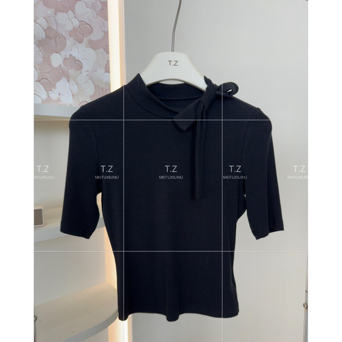 LEJIAN/乐见~150小个子夏款设计感半高领系结中袖修身上衣E446