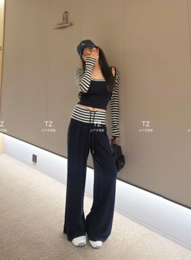 【婷子定制】150小个子改版夏款藏青撞色显瘦懒人休闲三件套E370