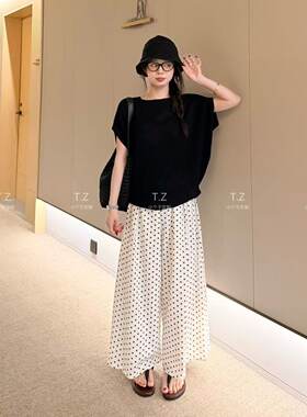 【婷子定制】150小个子改版韩系简约百搭波点棉麻阔腿休闲裤E403