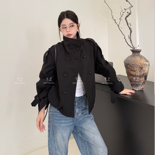 乐见~150小个子改版秋款英伦风立领双排扣廓形短款风衣外套E708