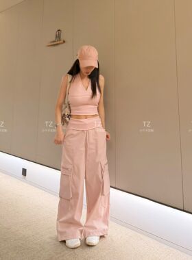 【婷子定制】150小个子改版夏款挂脖V领吊带+工装阔腿裤套装E213