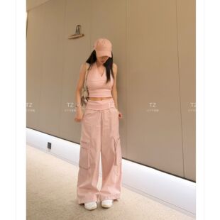 【婷子定制】150小个子改版夏款挂脖V领吊带+工装阔腿裤套装E213