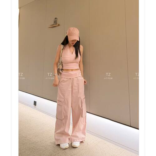 【婷子定制】150小个子改版夏款挂脖V领吊带+工装阔腿裤套装E213