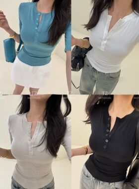 【婷子定制】~150小个子改版夏款纯欲百搭掐腰显瘦中袖上衣E59