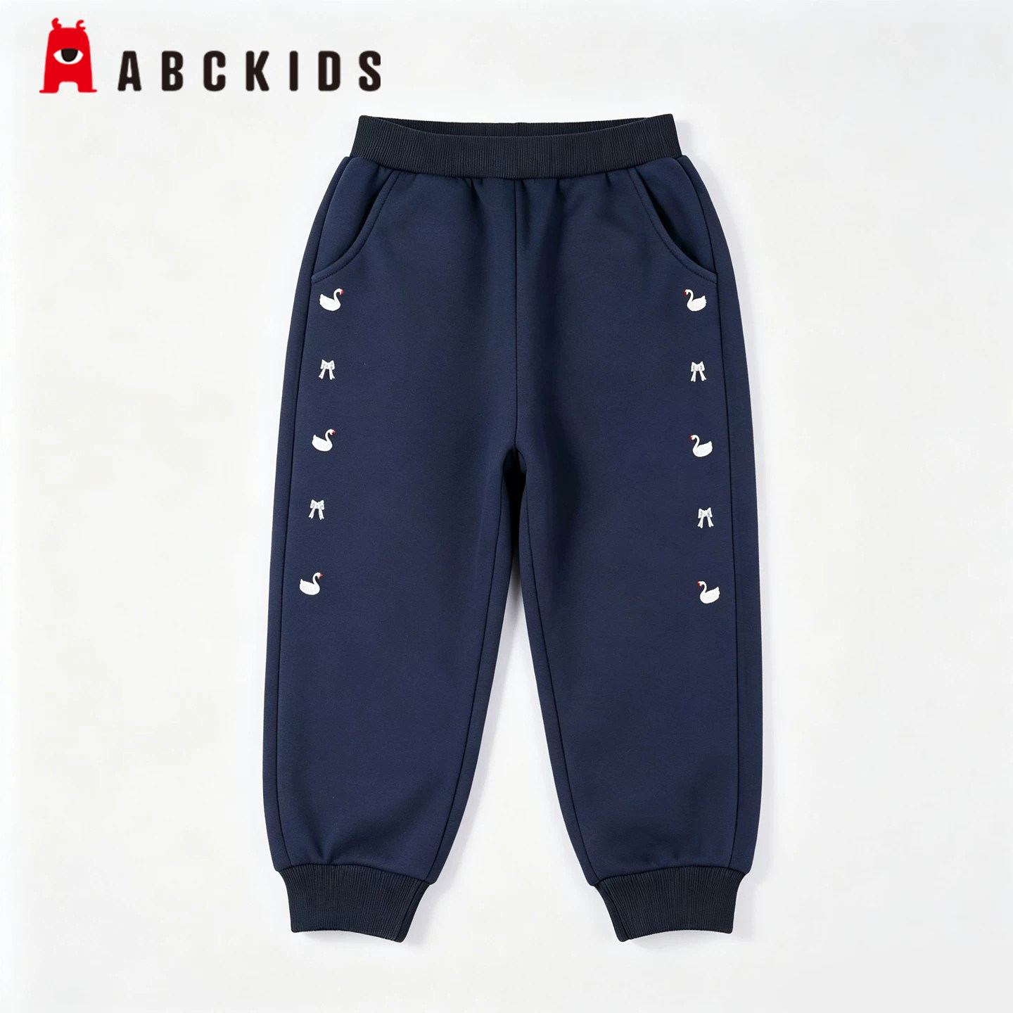 Abckids女童加绒刺绣束脚长裤图片