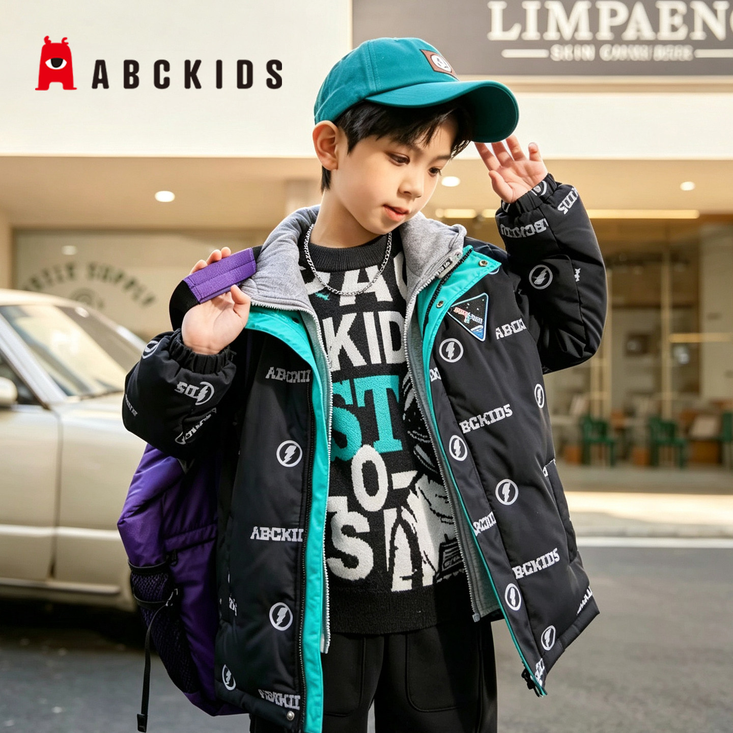 Abckids童款连帽撞色羽绒服图片