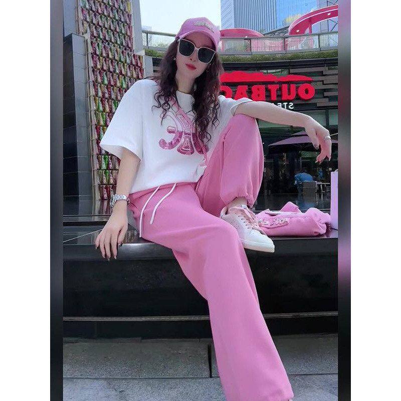 夏季新款女装时尚潮牌宽松休闲印花短袖白体t恤灯笼裤套装两件套