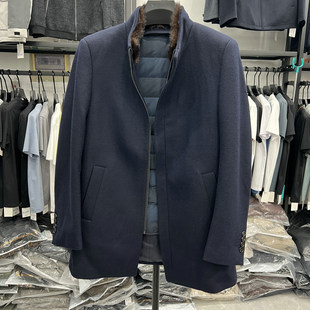 高货水貂毛领立领羊毛大衣可脱卸羽绒内胆商务休闲中老年冬季外套