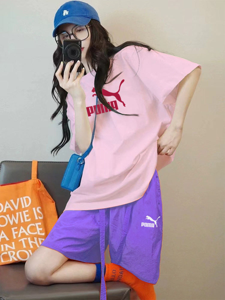 여성을위한 브랜드  운동복 여름 2024 새로운 순수 코튼 느슨한 커플 반팔 반바지 투피스 세트