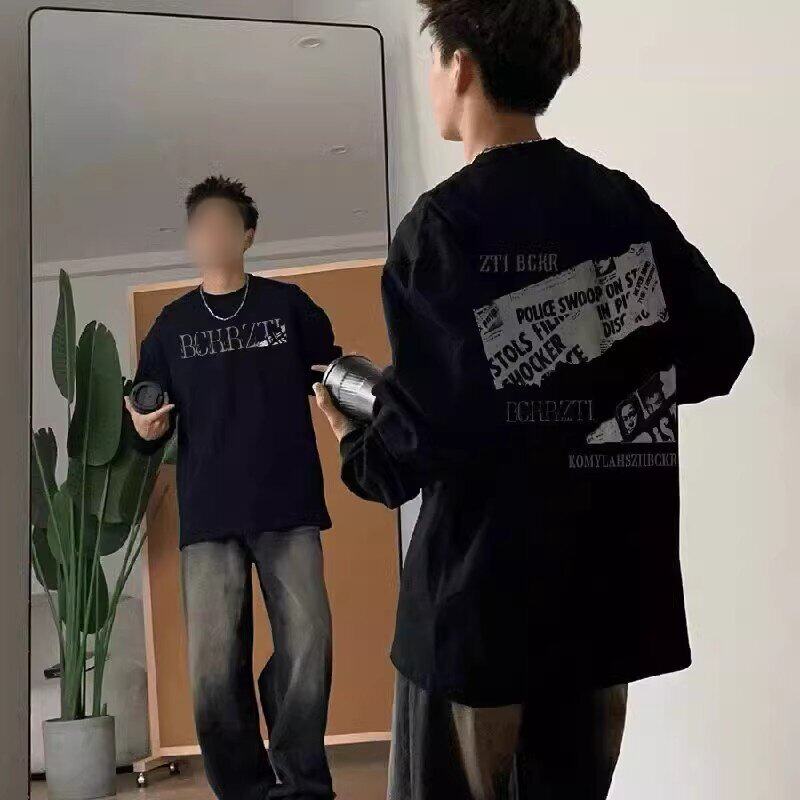 花可美黑色短袖T恤男女宽松潮流印花纯棉上衣高街风创意趣味