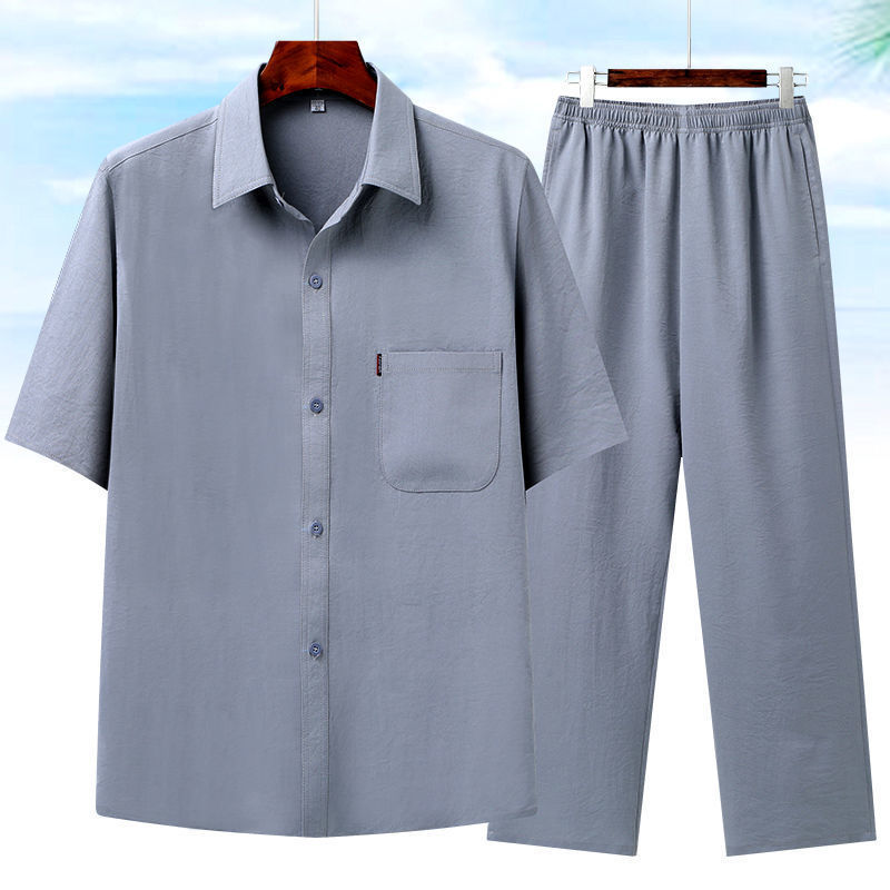 夏季冰丝衬衫男短袖中老年爸爸夏装套装老人爷爷夏天衣服男士衬衣