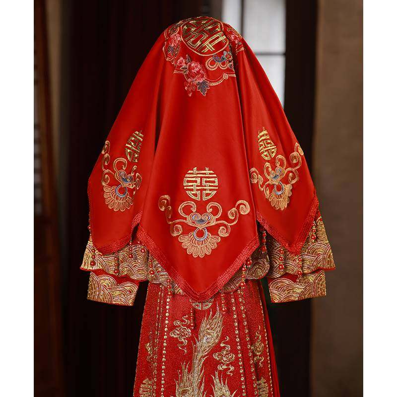 新娘结婚红盖头2023高档出嫁蒙头巾刺绣大红色秀禾服喜帕中式婚礼