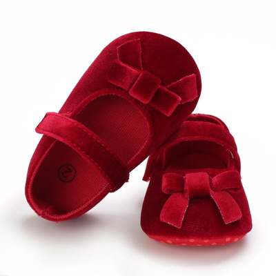 新年宝宝鞋婴儿鞋大红色酒红丝绒软底新生儿0-3月-6月1岁生日女宝