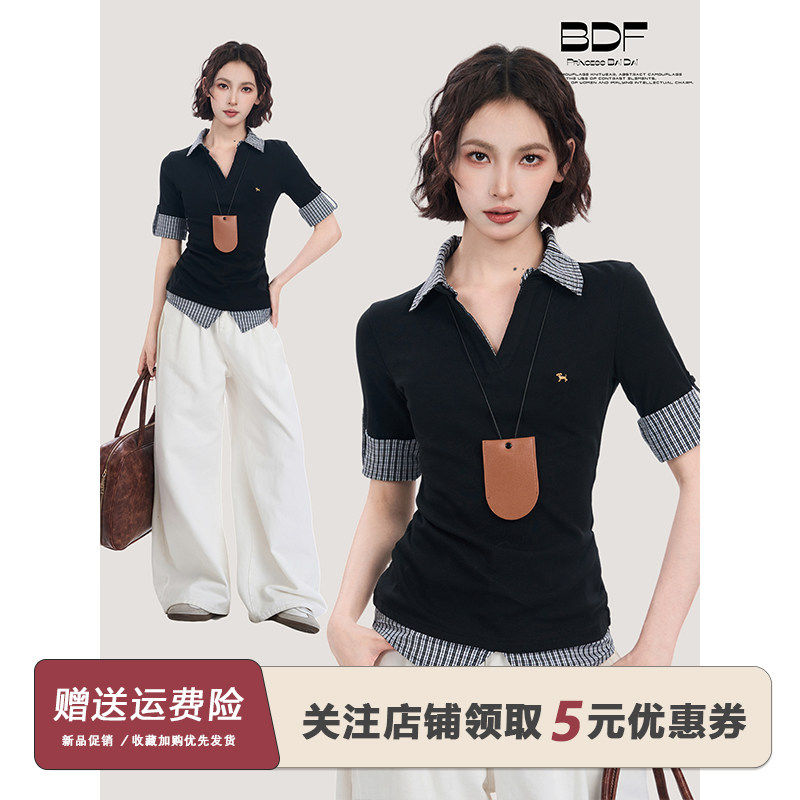 黑色假两件polo衫正肩短袖t恤女夏季V领修身短款紧身收腰半袖上衣
