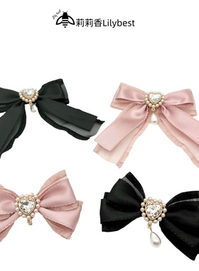 荷叶边双层蝴蝶结别针爱心珍珠配饰藕粉色连衣裙装饰黑色可换发夹